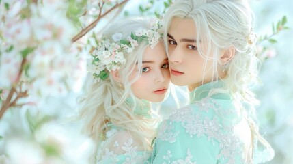Elegant couple in floral fantasy: ethereal beauty and romance in pastel tones