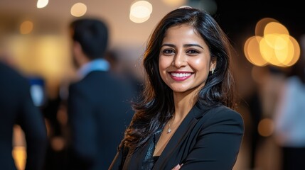 Confident indian woman coordinating corporate event in modern venue engaging atmosphere professional setting