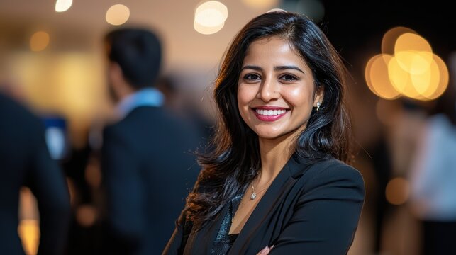 Confident indian woman coordinating corporate event in modern venue engaging atmosphere professional setting