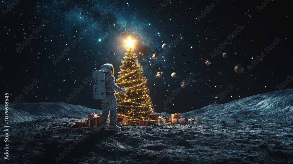 Poster an astronaut in a white spacesuit stands on the surface of the moon, looking at a lit christmas tree