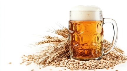 Chilled Golden Beer Mug accompanied by Wheat Stalks and Barley Grains against a White Background