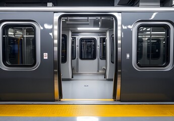 A photograph of an empty subway train with its doors open. The windows and door frames have silver metal trim around them.