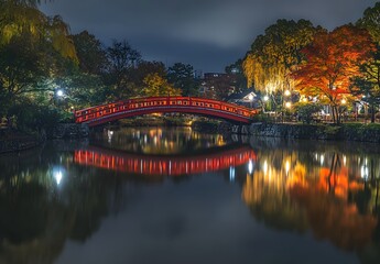 A red bridge over the river in front of Nigahama Park, autumn foliage, colorful trees, night lights reflecting on the water, a tranquil atmosphere, 