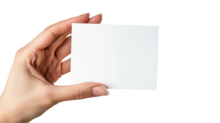 Hand holding a blank card or a ticket on white transparent background