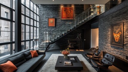 Contemporary living room design featuring a penthouse loft with dark stone walls