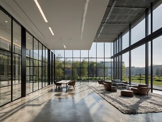 Modern Office Interior with Floor-to-Ceiling Windows and Natural Light
