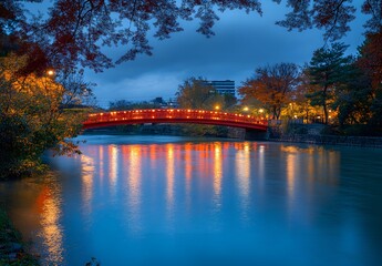 Fototapeta premium A red bridge over the river in front of Nigahama Park, autumn foliage, colorful trees, night lights reflecting on the water, a tranquil atmosphere, 