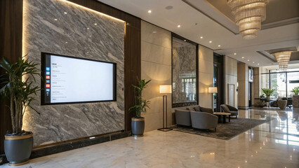 living room with tv.Modern Hotel Lobby with Blank Digital Display Screen on a Stylish Marble Wall and Sleek Furniture in an Inviting Setting