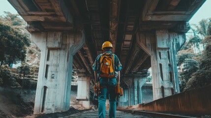 A civil engineer wearing a hard hat and carrying construction tools while inspecting the structural integrity of a bridge under construction.