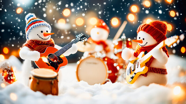 Snowy Night Band:  A whimsical trio of snowmen musicians serenades the winter night with festive cheer.  Their joyful performance adds a touch of magic to the snowy landscape.