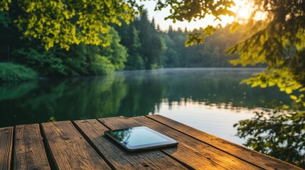 A tablet computer rests on a wooden table beside a serene body of water and trees