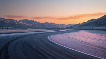 Naklejka premium Curved racetrack against a backdrop of mountains illuminated by sunrise Ideal for motorsport and racing themes High quality image