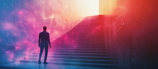 A businessman stands at the bottom of a set of stairs leading to a bright, glowing doorway, symbolizing opportunity and success.