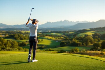 Golfer Taking a Swing on a Scenic Golf Course with Mountain View
