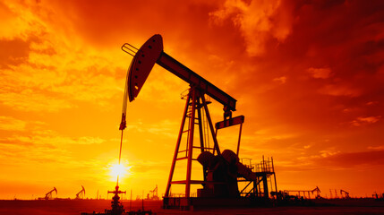 Oil Pump Silhouette at Sunset: A silhouette of an oil pump stands tall against a fiery sunset, symbolizing the energy and power of the oil industry.