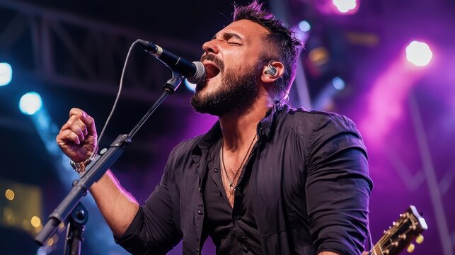 Italian man performing at a music concert in vibrant city lights emotional expression engaging audience passionate atmosphere