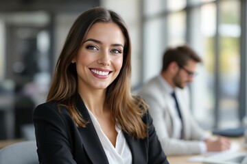 Obraz premium Professional Young Businesswoman Smiling in Modern Office Environment with Colleague in Background