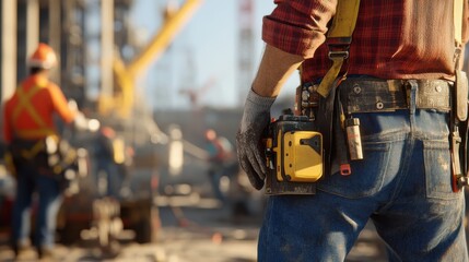 Close-up of a civil engineer adjusting equipment on a construction site, with workers using various power tools like drills and saws in the background.