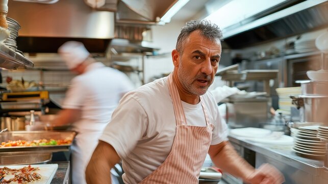 Italian chef discussing daily specials in a busy restaurant kitchen culinary arts dynamic environment professional viewpoint for seo impact