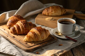 Freshly baked croissants on a wooden cutting board with a cup of coffee