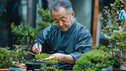 Fototapeta premium Japanese man designing traditional japanese gardens in peaceful setting nature close-up harmony of culture