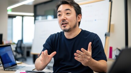 Fototapeta premium Startup management insights japanese entrepreneur in coworking space business meeting professional environment engaging perspective