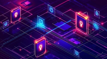 Abstract cybersecurity network graphic depicting identity verification nodes and interconnected digital system with futuristic technology and data protection concepts