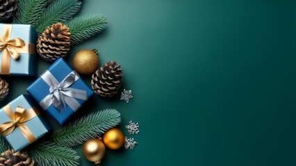 Christmas card with blue, silver, and gold presents and pinecones on a green background for holiday greetings
