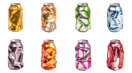 Crumpled energy drink soda can on white transparent background
