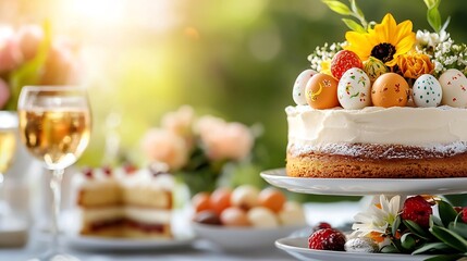 Beautifully styled and presented spring inspired Easter brunch buffet with intricately decorated eggs tempting cakes and pastries and vibrant floral arrangements set in a sunlit garden setting