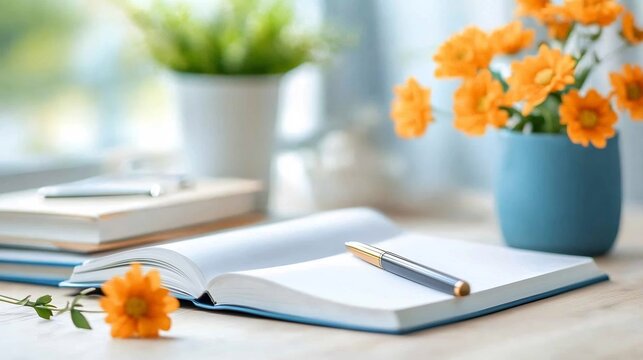 Blank notebook page with a pen and vibrant orange flowers in a vase symbolizing a fresh start new ideas and creativity in a bright inspiring workspace setup