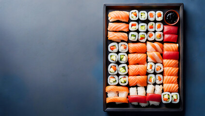 The  sushi pieces arranged in a food tray to form the Japanese flag , decorated with elements reflecting Japanese culture, like subtle cherry blossoms, traditional Japanese patterns