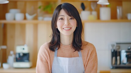 Japanese woman hosting an online cooking show demonstration in a cozy kitchen environment engaging viewpoint on culinary culture