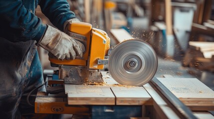 Construction worker operating a circular miter saw to cut wood materials
