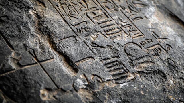 Ancient script on stone background featuring close up of historic inscription Gray surface showcasing vintage texture with remnants of a past civilization s language