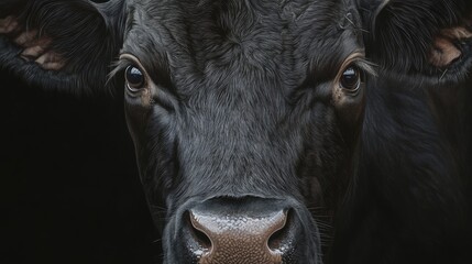 Close up portrait showcasing the head of a Friesian cow