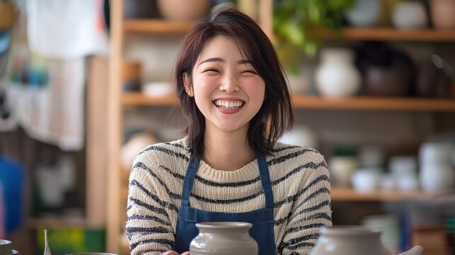 Japanese woman teaching pottery class with creative smile in cozy studio environment engaging learning experience