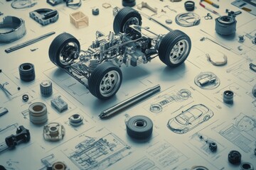 Car Model and Parts on Blueprint