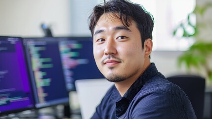 Obraz premium South korean man managing tech startup focused on express solutions seoul portrait photography modern office close-up innovation and entrepreneurship