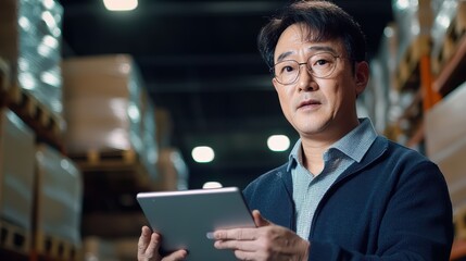 Logistics manager reviewing operations in warehouse south korea business analysis professional environment focused perspective