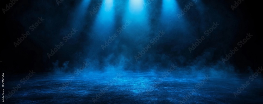 Poster blue spotlight and fog on a textured floor.
