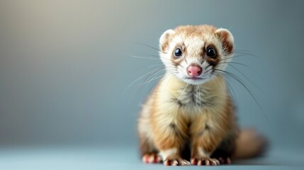 Fototapeta premium Cute Ferret Sitting Upright on Plain Background