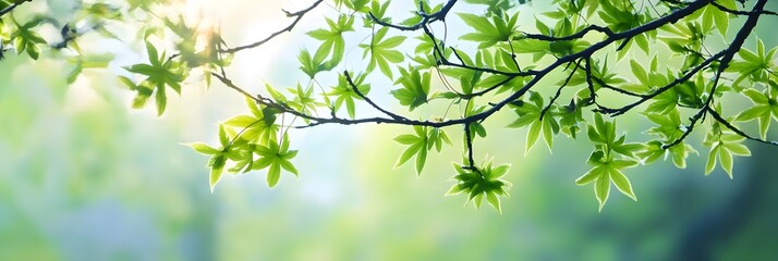 Obraz premium Spring branches of maple tree with fresh green leaves