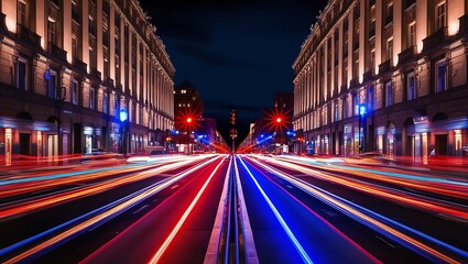 Long-exposure night photo of a bustling city street, with illuminated buildings and colorful light streaks, conveying urban energy and vibrant nightlife.