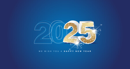 We wish you a happy new year 2025 eve. Architecture construction from line drawing to glitter 3d model silver golden numbers of 2025 with sparkle firework on blue background