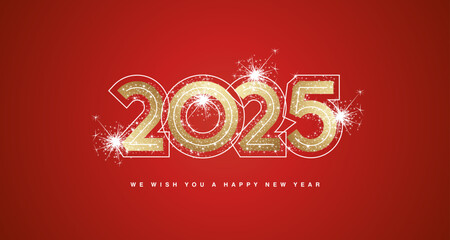 We wish you Happy New Year 2025 modern golden trendy bold design numbers with line neon numbers over and glitter sparkle firework abstract golden white red greeting card