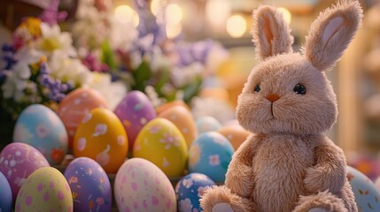 A charming stuffed rabbit sits before a line of painted eggs surrounded by vibrant Easter themed decorations