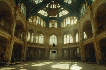 Obraz premium A sunlit, abandoned hall with tall windows and a central microphone on a pedestal.