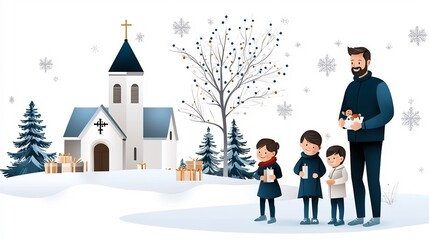 Fototapeta premium Festive family attending traditional Christmas Eve mass at a decorated church in a snowy winter landscape with evergreen trees candles and a joyous atmosphere during the holiday season