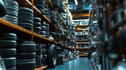 Tires stacked high in a warehouse